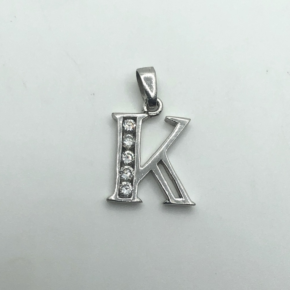 Vtg Sterling Letter K Monogram Pendant w Channel Set CZ Stones 1” x .6”